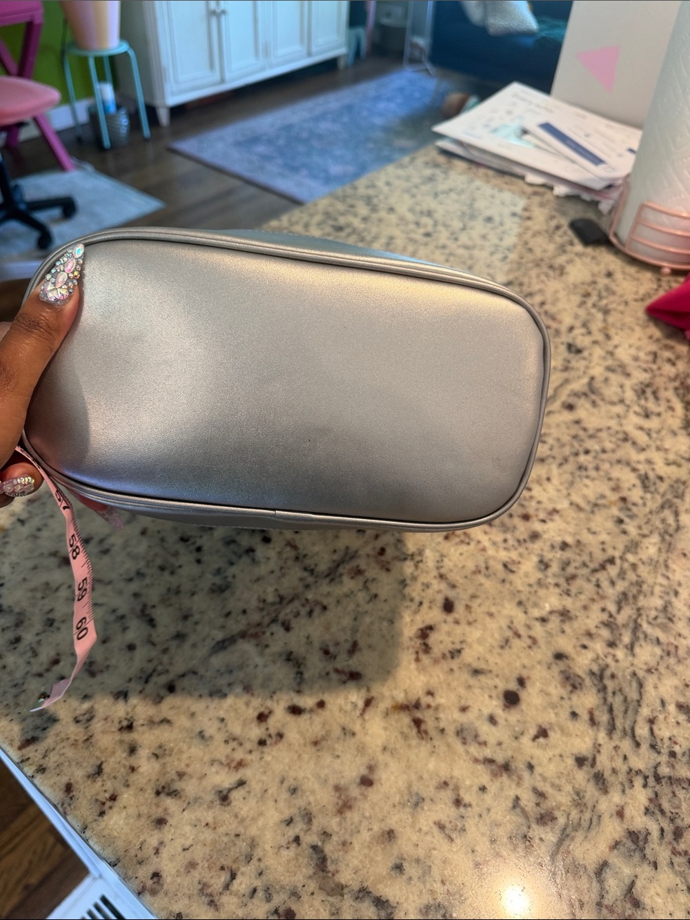 Glam-Aholic Monogram Metallic Silver Embossed Drawstring Bucket Shoulder Bag - Picture 2 of 15